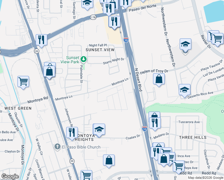 map of restaurants, bars, coffee shops, grocery stores, and more near 473 Denim Street in El Paso
