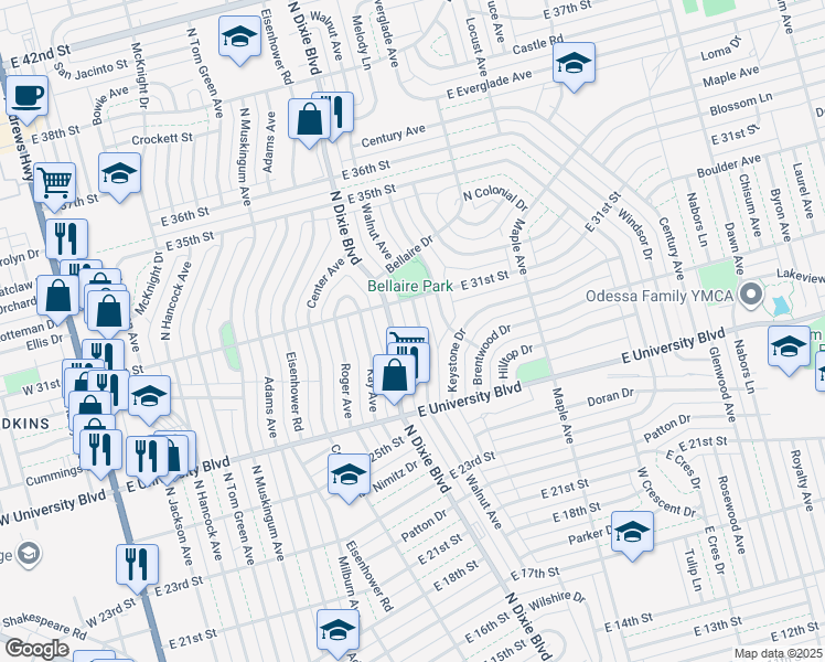 map of restaurants, bars, coffee shops, grocery stores, and more near 2733 Walnut Ave in Odessa