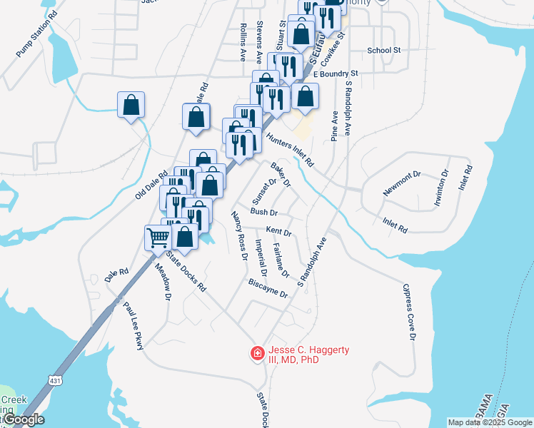map of restaurants, bars, coffee shops, grocery stores, and more near 208 Bush Drive in Eufaula