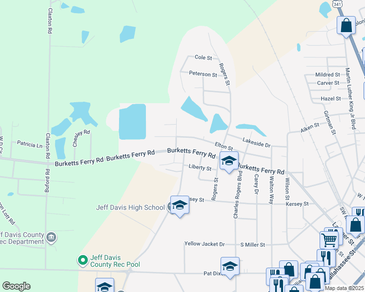 map of restaurants, bars, coffee shops, grocery stores, and more near 124 Burketts Ferry Road in Hazlehurst