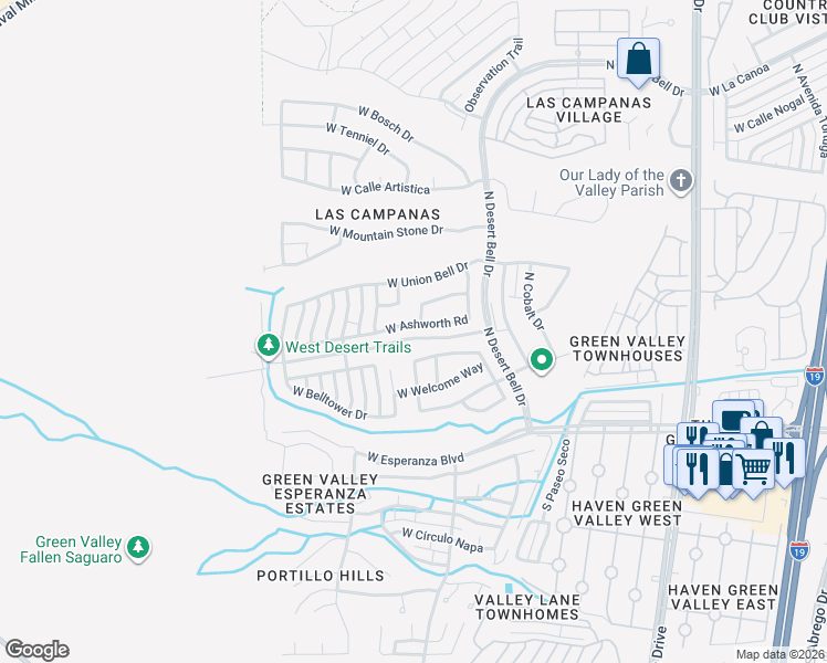 map of restaurants, bars, coffee shops, grocery stores, and more near 929 West Ashworth Road in Green Valley
