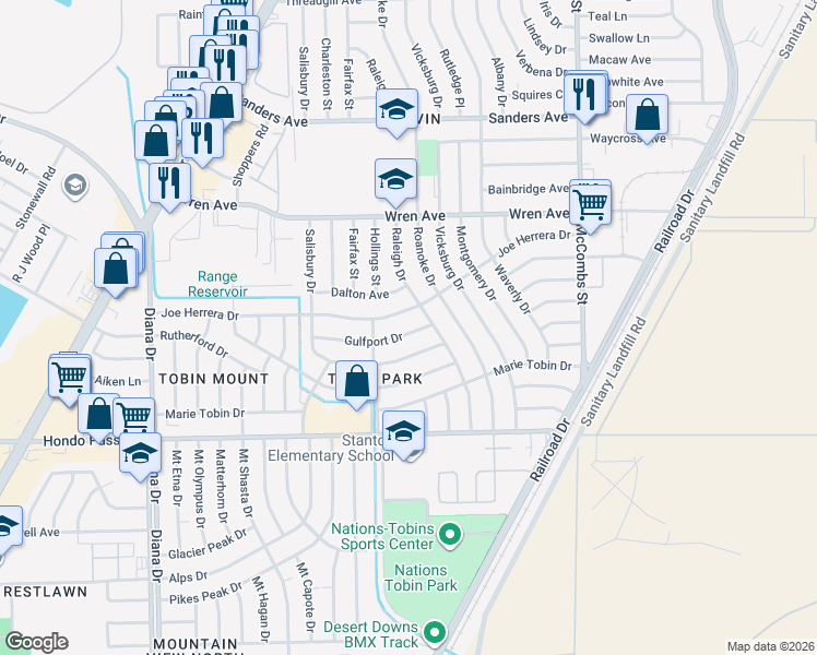 map of restaurants, bars, coffee shops, grocery stores, and more near 5413 Gulfport Drive in El Paso