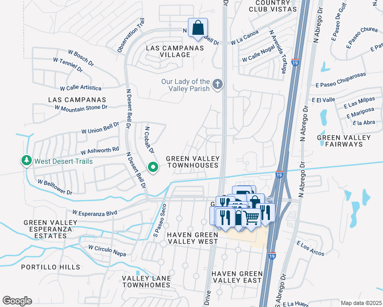 map of restaurants, bars, coffee shops, grocery stores, and more near 431 West Círculo Del Paladin in Green Valley