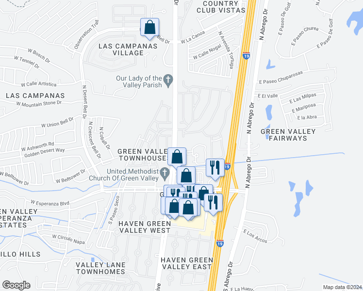map of restaurants, bars, coffee shops, grocery stores, and more near 250 North La Canada Drive in Green Valley