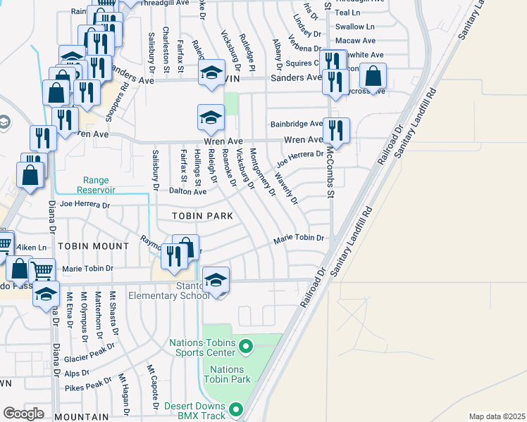 map of restaurants, bars, coffee shops, grocery stores, and more near 9215 Vicksburg Drive in El Paso