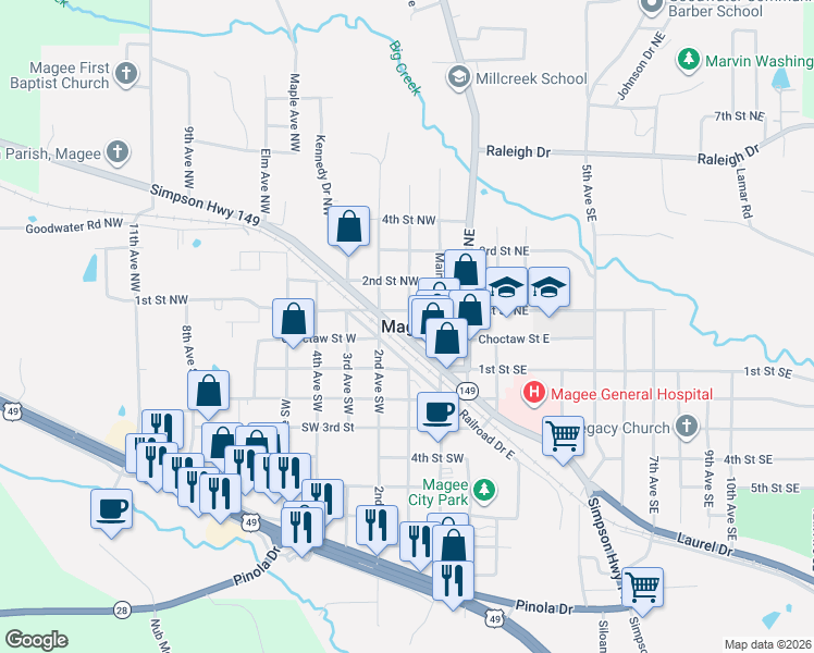 map of restaurants, bars, coffee shops, grocery stores, and more near in Magee