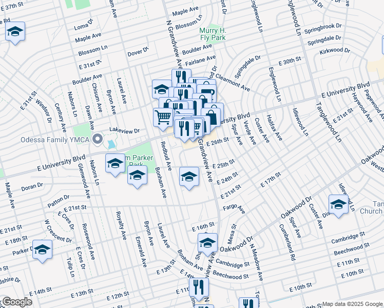 map of restaurants, bars, coffee shops, grocery stores, and more near 2504 Roper Street in Odessa