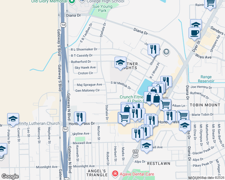 map of restaurants, bars, coffee shops, grocery stores, and more near 9200 Igoe Place in El Paso
