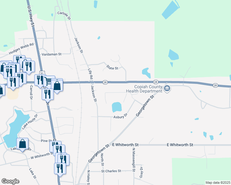 map of restaurants, bars, coffee shops, grocery stores, and more near 256 Pinehurst Circle in Hazlehurst