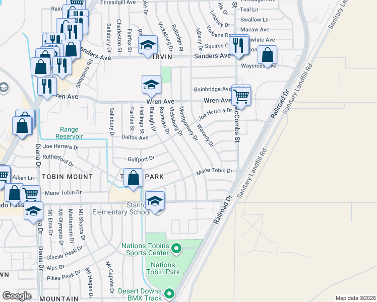 map of restaurants, bars, coffee shops, grocery stores, and more near 9215 Vicksburg Drive in El Paso