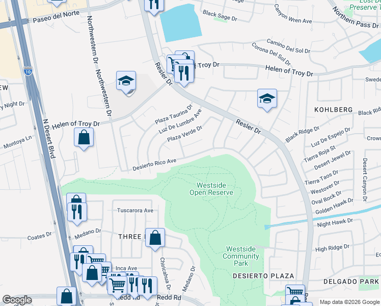 map of restaurants, bars, coffee shops, grocery stores, and more near 1484 Desierto Rico Avenue in El Paso