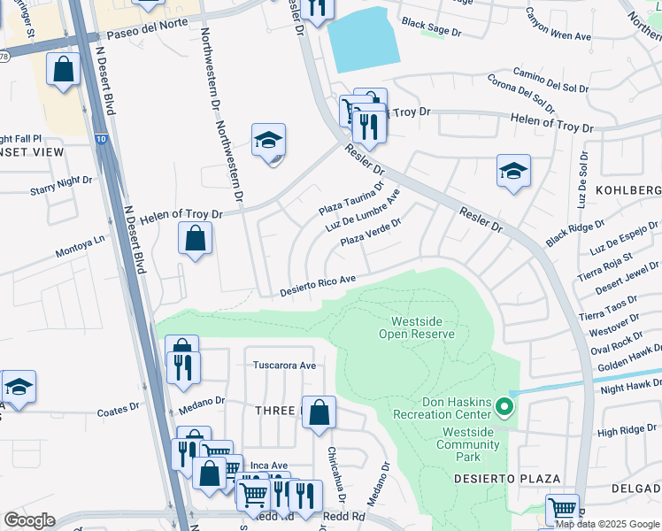 map of restaurants, bars, coffee shops, grocery stores, and more near 1565 Plaza Verde Drive in El Paso