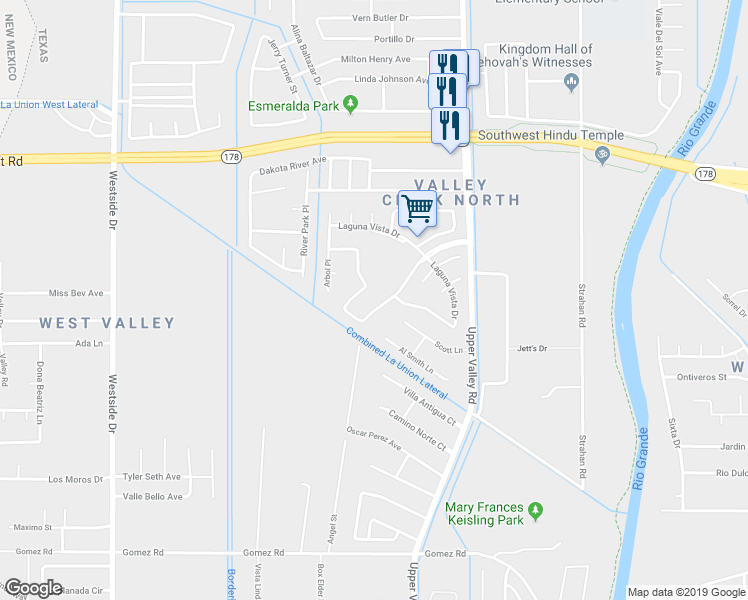 map of restaurants, bars, coffee shops, grocery stores, and more near 541 Via De Los Arboles in El Paso