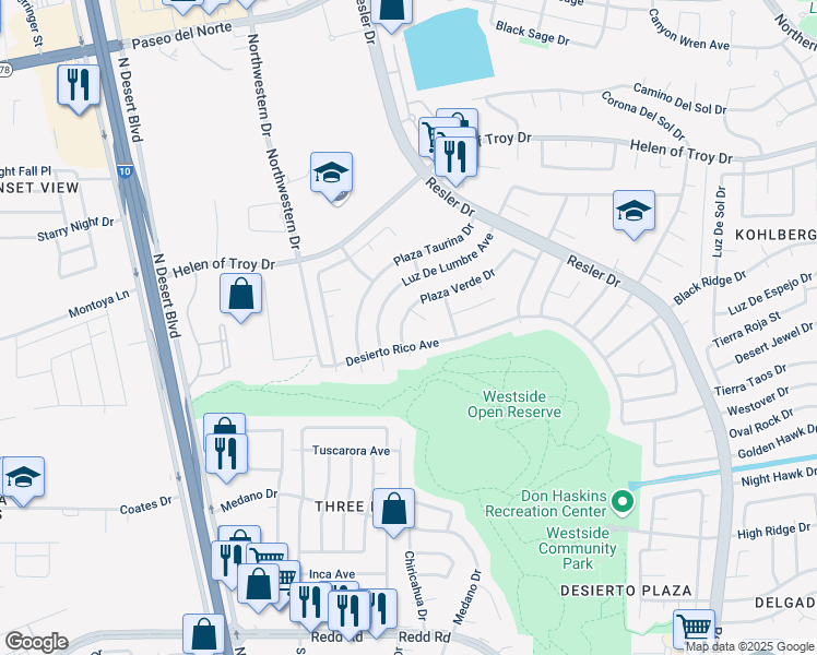 map of restaurants, bars, coffee shops, grocery stores, and more near 1565 Plaza Verde Drive in El Paso
