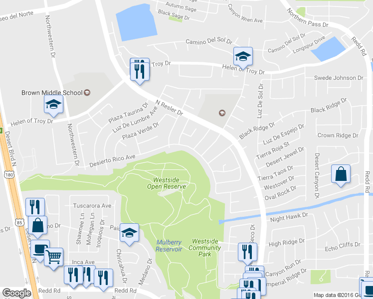 map of restaurants, bars, coffee shops, grocery stores, and more near 1416 Desierto Rico Avenue in El Paso