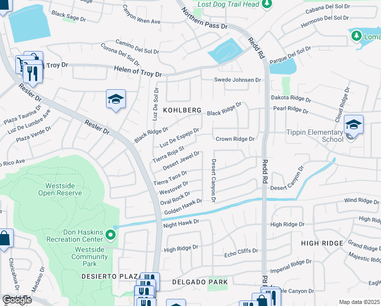 map of restaurants, bars, coffee shops, grocery stores, and more near 7113 Desert Jewel Drive in El Paso