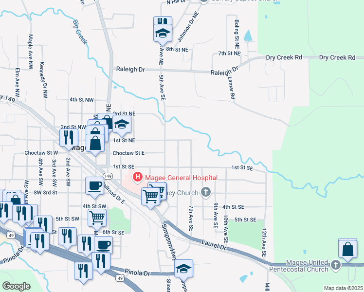map of restaurants, bars, coffee shops, grocery stores, and more near 102 6th Avenue Southeast in Magee