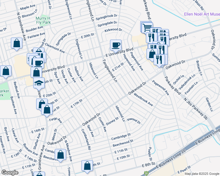 map of restaurants, bars, coffee shops, grocery stores, and more near 1601 Sandalwood Lane in Odessa