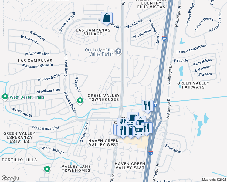 map of restaurants, bars, coffee shops, grocery stores, and more near 260 West Círculo Del Paladin in Green Valley