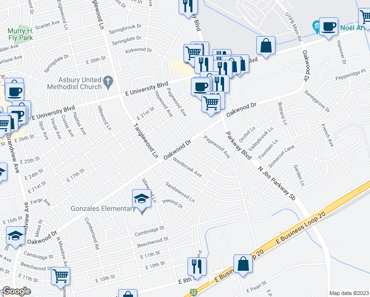 map of restaurants, bars, coffee shops, grocery stores, and more near 1456 Wedgewood Avenue in Odessa