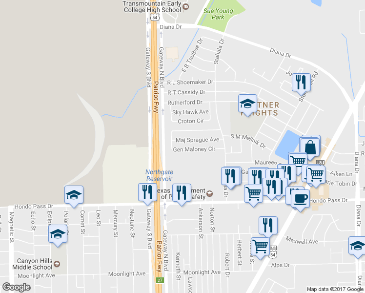 map of restaurants, bars, coffee shops, grocery stores, and more near 4525 Gen Maloney Circle in El Paso