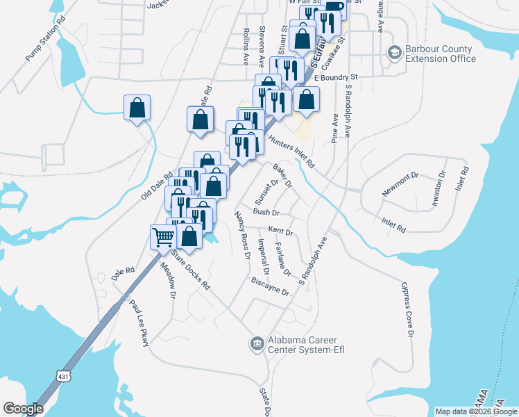 map of restaurants, bars, coffee shops, grocery stores, and more near 208 Bush Drive in Eufaula