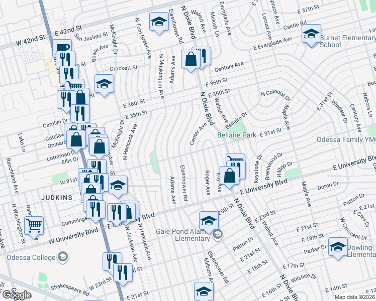 map of restaurants, bars, coffee shops, grocery stores, and more near 3101 Center Avenue in Odessa