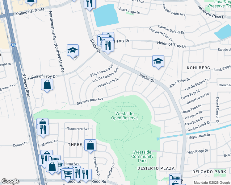 map of restaurants, bars, coffee shops, grocery stores, and more near 1484 Desierto Rico Avenue in El Paso
