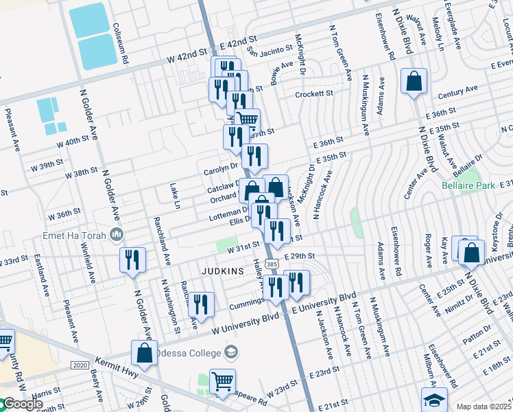 map of restaurants, bars, coffee shops, grocery stores, and more near 201 Lotteman Drive in Odessa
