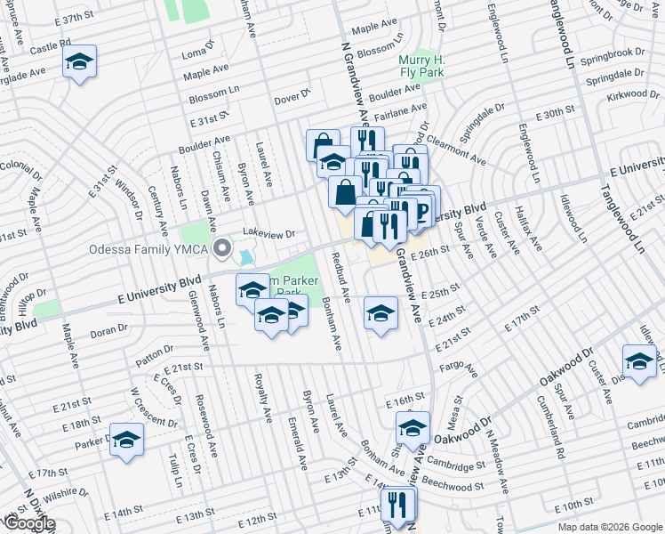 map of restaurants, bars, coffee shops, grocery stores, and more near 2501-2699 Bonham Avenue in Odessa
