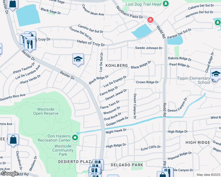 map of restaurants, bars, coffee shops, grocery stores, and more near 7109 Tierra Roja Street in El Paso