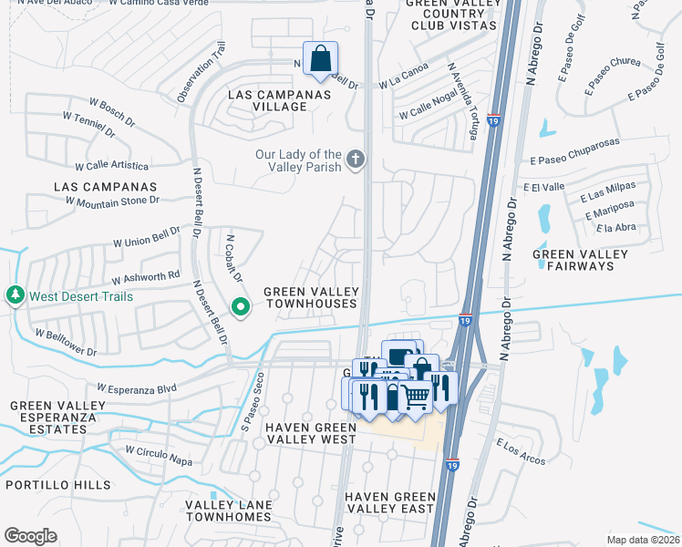 map of restaurants, bars, coffee shops, grocery stores, and more near 224 North Calle del Santo in Green Valley