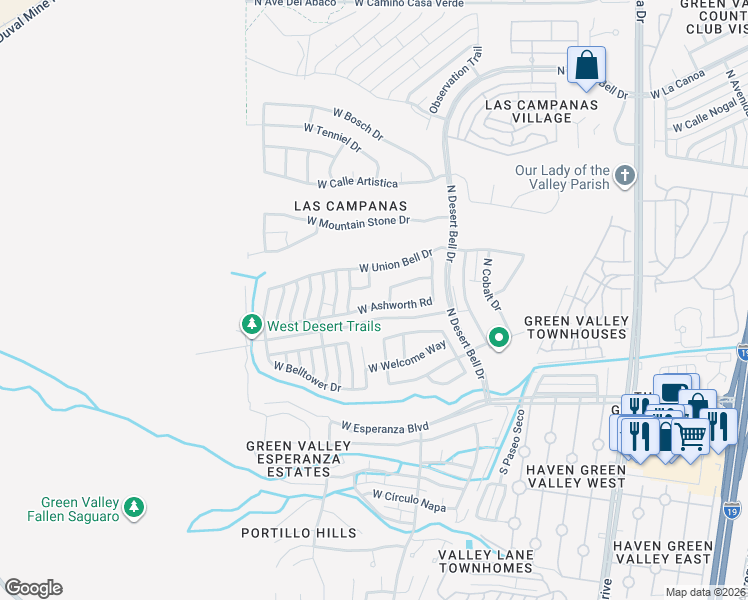 map of restaurants, bars, coffee shops, grocery stores, and more near 929 West Ashworth Road in Green Valley