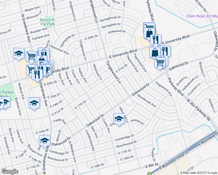 map of restaurants, bars, coffee shops, grocery stores, and more near 1624 Englewood Lane in Odessa