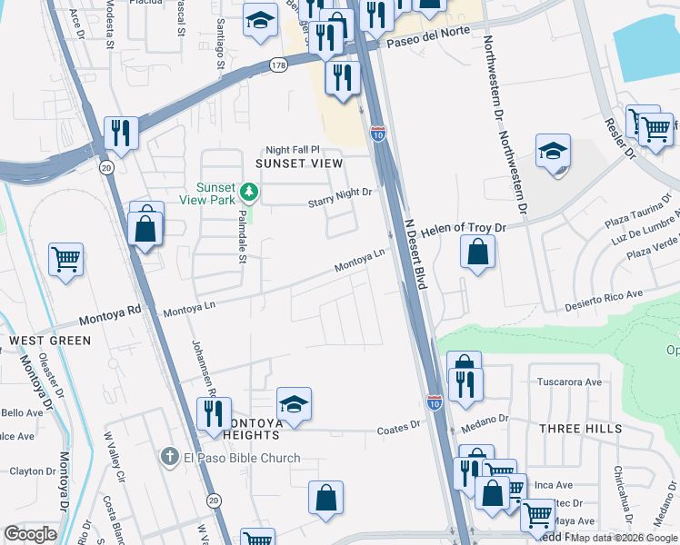 map of restaurants, bars, coffee shops, grocery stores, and more near 473 Denim Street in El Paso
