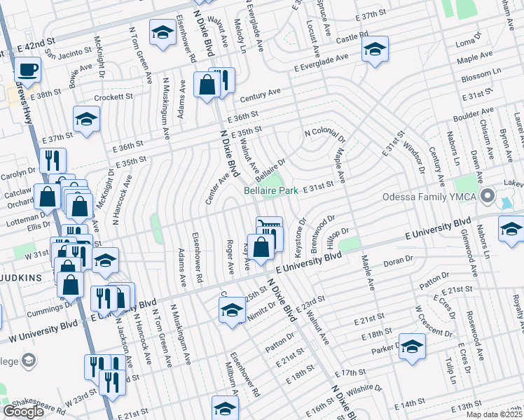 map of restaurants, bars, coffee shops, grocery stores, and more near 2733 Walnut Avenue in Odessa