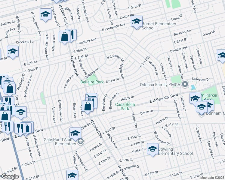 map of restaurants, bars, coffee shops, grocery stores, and more near 2737 Brentwood Drive in Odessa