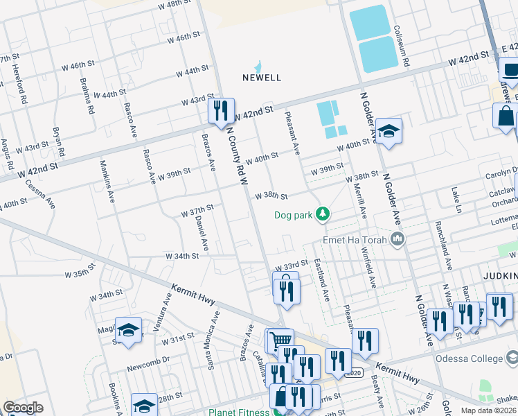 map of restaurants, bars, coffee shops, grocery stores, and more near 3500 North County Road West in Odessa