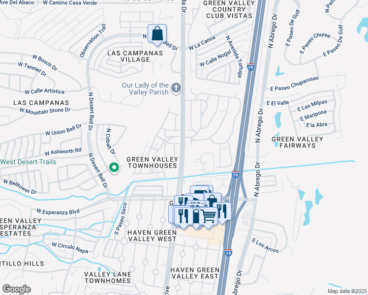 map of restaurants, bars, coffee shops, grocery stores, and more near 250 North La Canada Drive in Green Valley