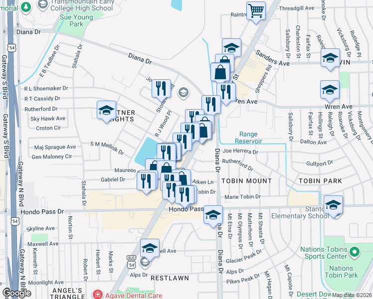 map of restaurants, bars, coffee shops, grocery stores, and more near 4865 Rutherford Drive in El Paso