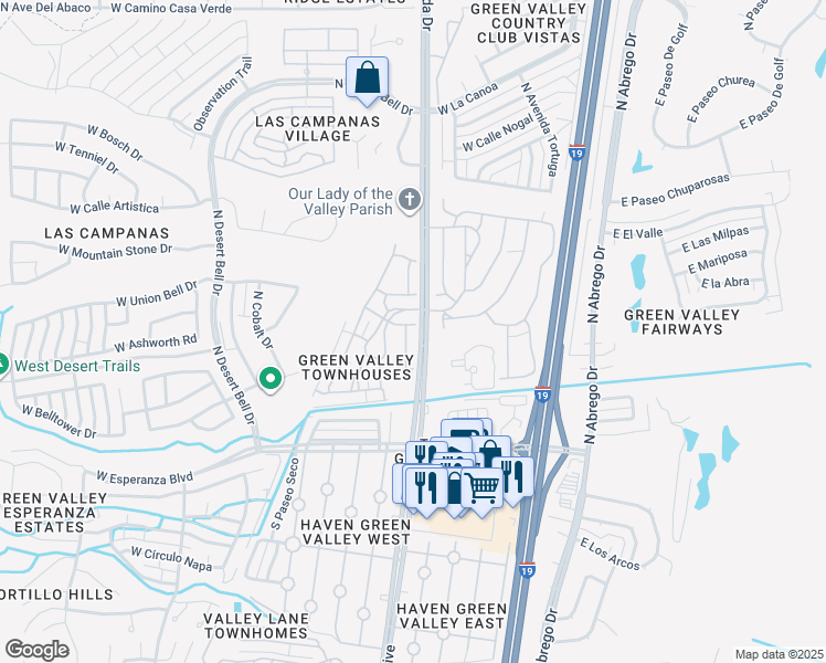 map of restaurants, bars, coffee shops, grocery stores, and more near 316 West Calle de Las Flores in Green Valley