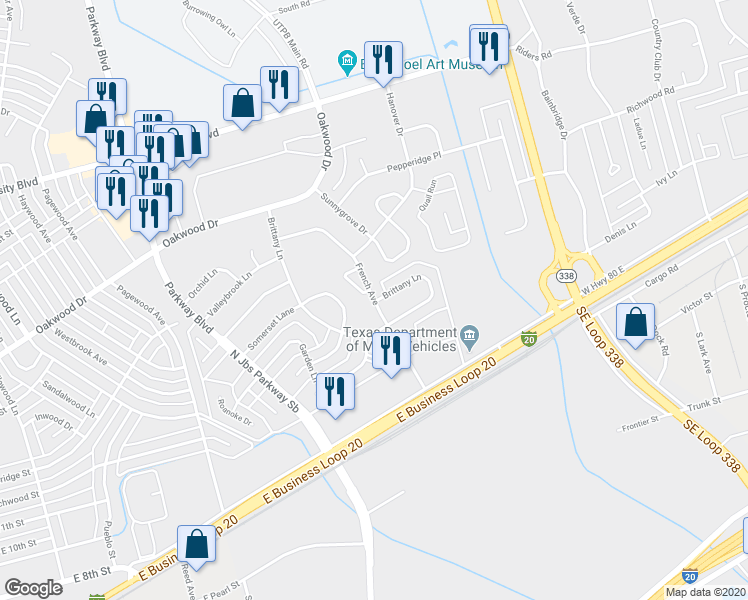 map of restaurants, bars, coffee shops, grocery stores, and more near 1307 French Avenue in Odessa