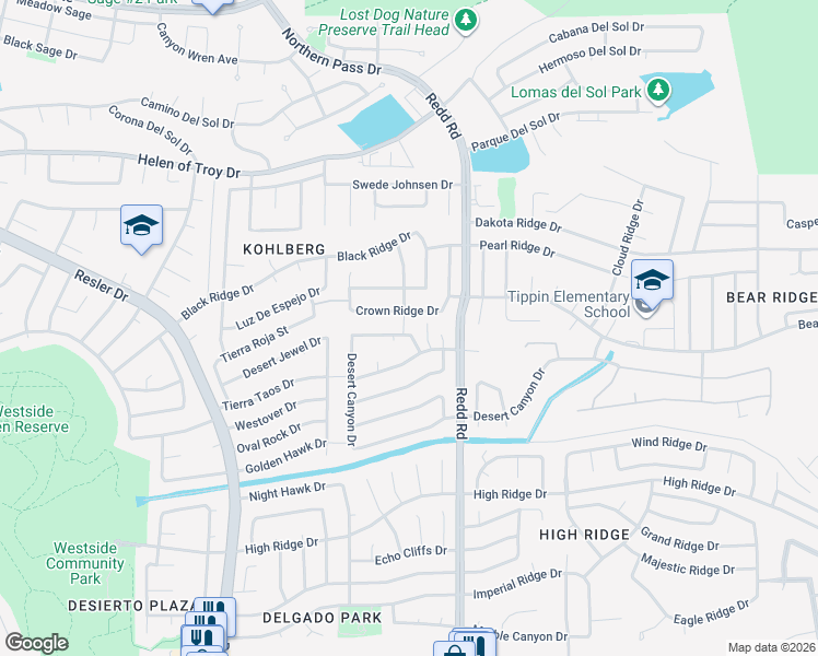 map of restaurants, bars, coffee shops, grocery stores, and more near 1401 Cross Ridge Drive in El Paso