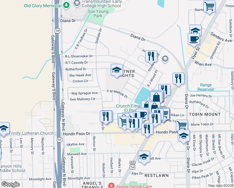 map of restaurants, bars, coffee shops, grocery stores, and more near 4700 Gt Powers Drive in El Paso