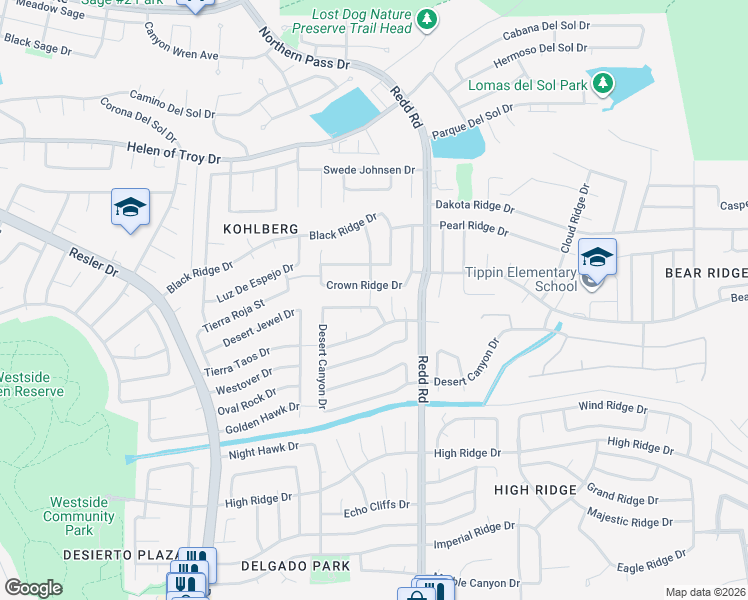 map of restaurants, bars, coffee shops, grocery stores, and more near 1401 Cross Ridge Drive in El Paso