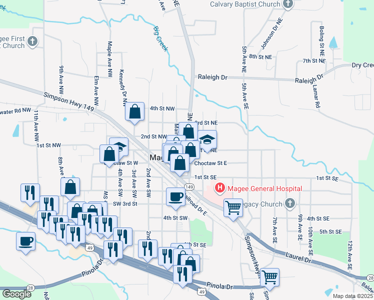 map of restaurants, bars, coffee shops, grocery stores, and more near 1st Street Northeast in Magee