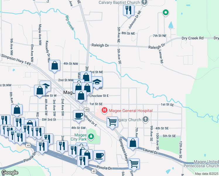 map of restaurants, bars, coffee shops, grocery stores, and more near 1st Street Northeast in Magee