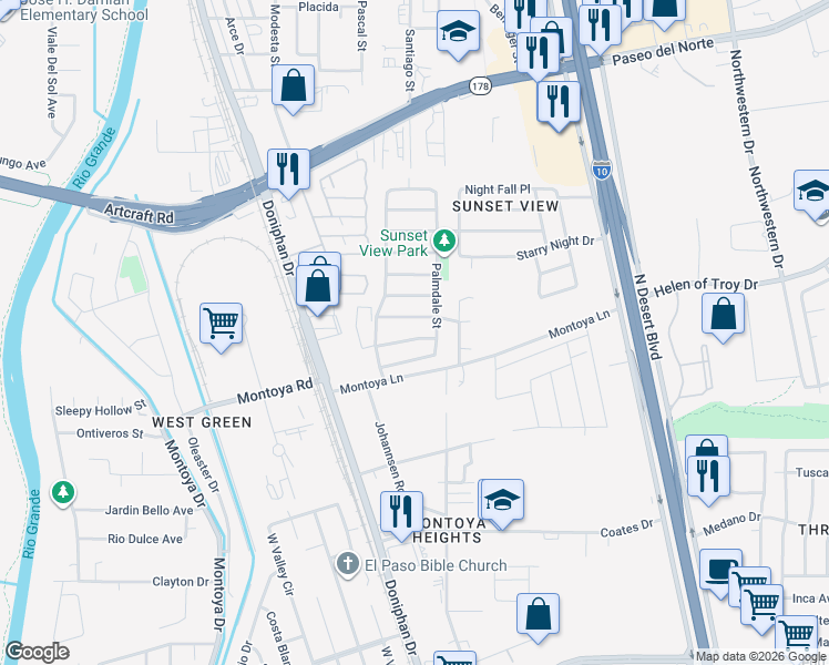 map of restaurants, bars, coffee shops, grocery stores, and more near 253 Northbrook Court in El Paso