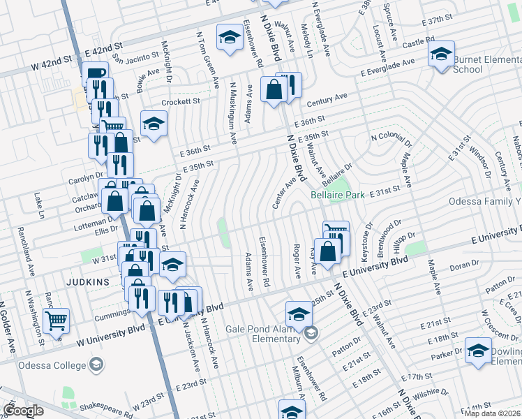 map of restaurants, bars, coffee shops, grocery stores, and more near 3114 Eisenhower Road in Odessa