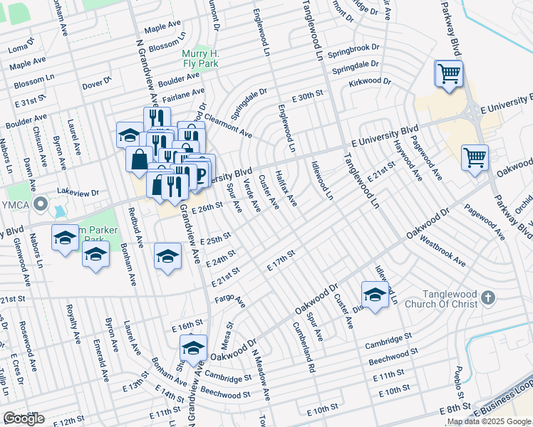map of restaurants, bars, coffee shops, grocery stores, and more near 2503 Custer Avenue in Odessa